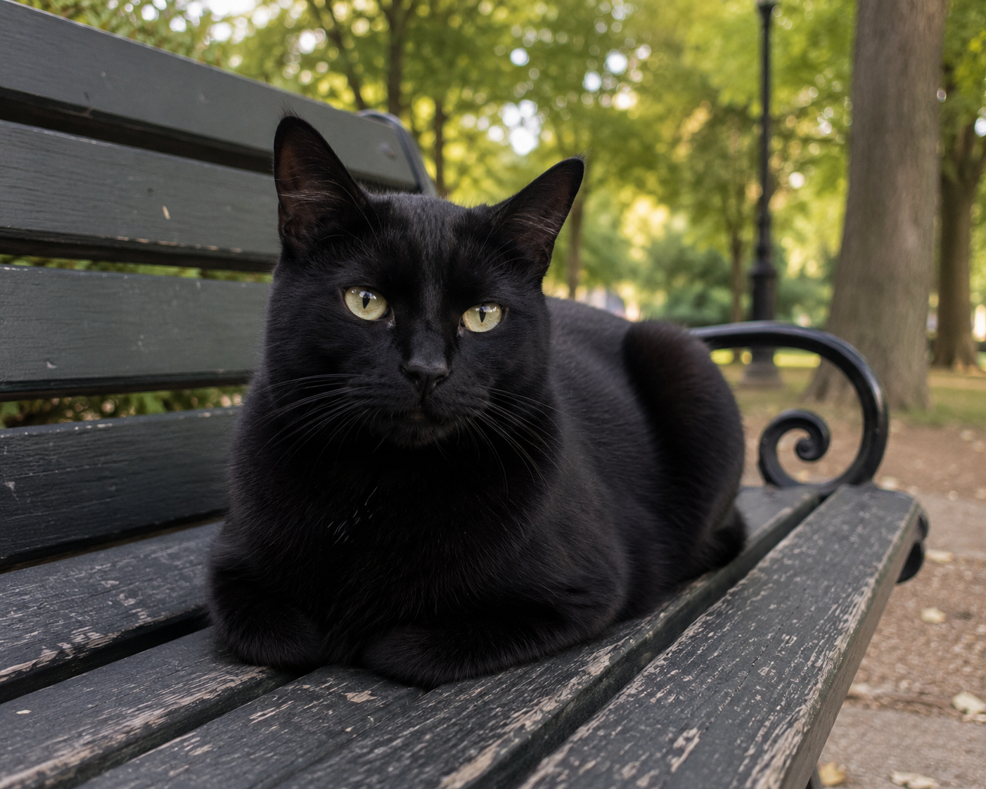 A black cat loafing on a park bench